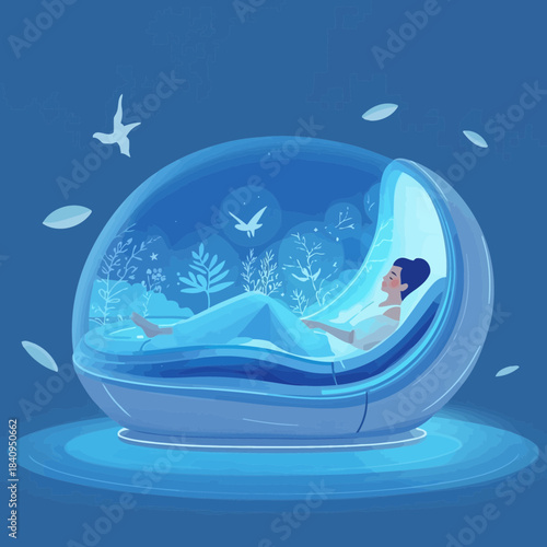 Serene woman meditating in isolated futuristic relaxation nature pod