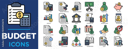 budget, finance, business, investment, financial, tax icon set. Outline icons collection. Simple vector illustration