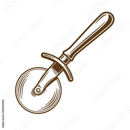 Illustrated vintage pizza cutter in brown outline perfect for restaurant logos and menus