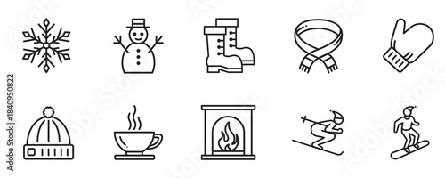Holiday & Winter Vector Icon Set - Minimalis Outline Style Symbol contain Snowflake Snowman Boots Wool Hat Beanie Hot Drink Fireplace Ski Skating