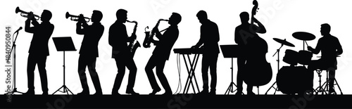 Silhouette jazz band performing live on stage with trumpet, saxophone, drums, keyboard, and double bass musicians creating energetic musical atmosphere