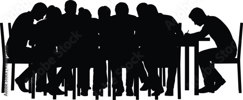 Silhouette of large group seated closely together around table while one person writes separately, symbolizing teamwork, study, focus, collaboration, group learning environment