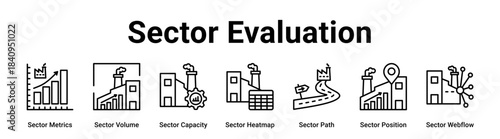 Sector Evaluation web banner icon vector illustration concept for Industry with icon of Sector Metrics, Sector Volume, Sector Capacity, Sector Heatmap, Sector Path, Sector Position.