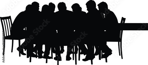 Silhouette of large group of people sitting closely together around table, discussing ideas, teamwork collaboration, meeting communication scene in workplace environment