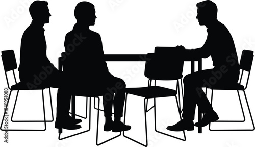 Silhouette of three men sitting around table engaged in conversation, representing teamwork, communication, business discussion, collaborative meeting scene in workplace