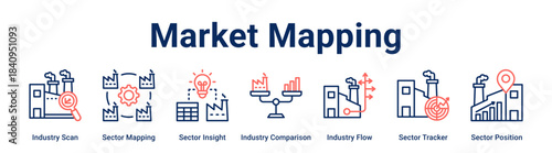 Market Mapping web banner icon vector illustration concept for Industry with icon of Industry Scan, Sector Mapping, Sector Insight, Industry Comparison, Industry Flow, Sector Tracker.