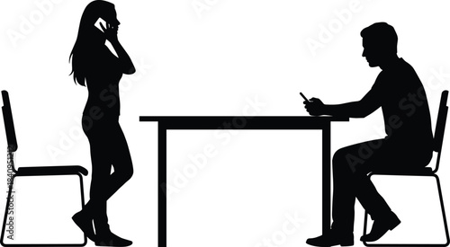 Silhouette of woman talking on phone and man using smartphone at table, depicting modern communication, technology dependence, digital lifestyle interaction scene