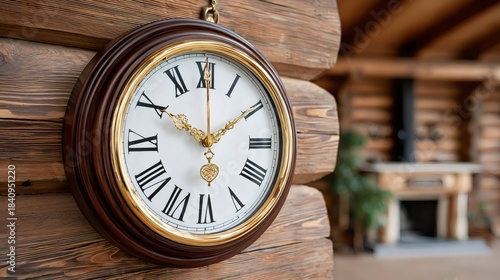 Vintage clock hanging on rustic wooden log wall