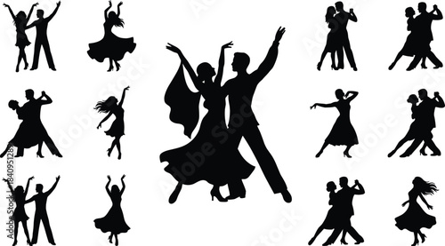 Silhouette set of dancing couples and solo dancers, illustrating elegant movement, ballroom style, joyful performance, creative choreography, energetic dance vector illustration