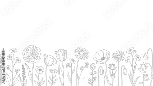 Hand-drawn black and white floral border design for coloring pages and crafts