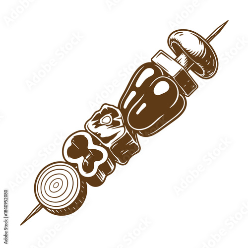 Vector illustration of a grilled skewer with various vegetables and meats in a sketch style