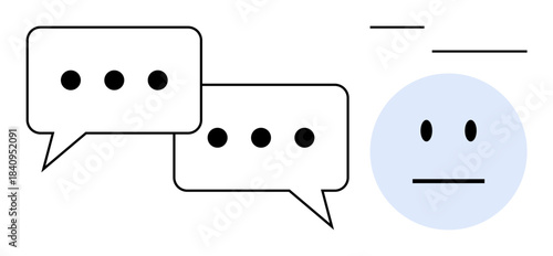 Online messaging, user interaction, social communication, mental health, dialogue exchange, digital conversations. Two chat bubbles and a neutral face icon. Online messaging and user interaction
