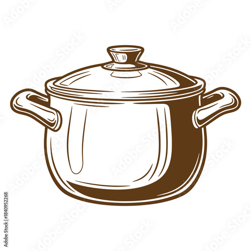 Vector illustration of a vintage sketch style cooking pot with a glass lid isolated on white background.