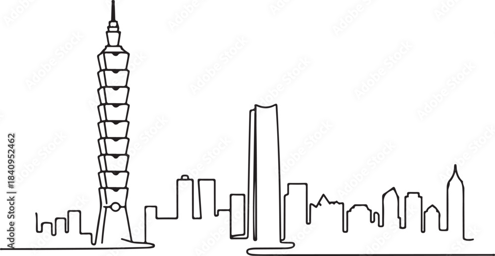 Naklejka premium Continuous Line Taipei Skyline with Taipei One Zero One Minimal Artistic Illustration