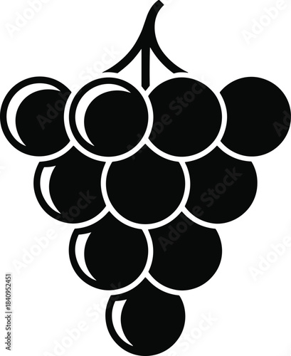 Simple, Bold Black Silhouette Vector Icon of a Bunch of Grapes Hanging from a Stem, Ideal for Wine, Viticulture, Fruit, and Food Service Graphics.