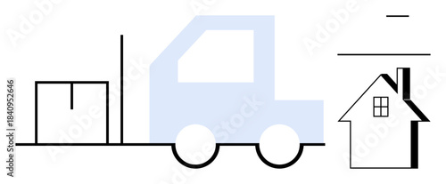 Logistics, delivery services, home transportation, e-commerce shipping, supply chain, relocation. A truck carrying a package towards a house. Logistics and delivery services concept