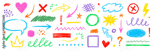 Hand drawn crayon arrows, chalk circles, dot color set. Textured chalk strokes with childlike doodles, dots, scribbles pastel texture pencil underline, star, arrow elements. Vector illustration