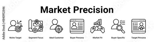 Market Precision web banner icon vector illustration concept for business with icon of Niche Target, Segment Focus, Ideal Customer, Buyer Persona, Market Fit, Buyer Specific.