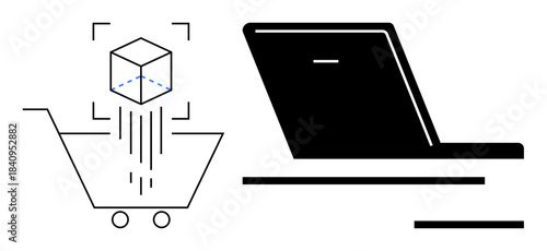 E-commerce, digital shopping, 3D printing, online retail, technology innovation, product customization. A digital cube integrated with a shopping cart and a laptop. E-commerce and digital shopping