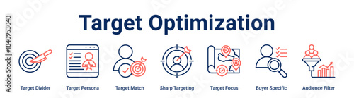 Target Optimization web banner icon vector illustration concept for business with icon of Target Divider, Target Persona, Target Match, Sharp Targeting, Target Focus, Buyer Specific.
