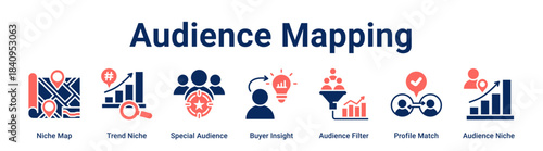 Audience Mapping web banner icon vector illustration concept for business with icon of Niche Map, Trend Niche, Special Audience, Buyer Insight, Audience Filter, Profile Match.
