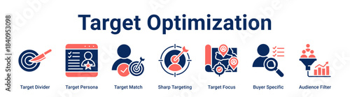 Target Optimization web banner icon vector illustration concept for business with icon of Target Divider, Target Persona, Target Match, Sharp Targeting, Target Focus, Buyer Specific.