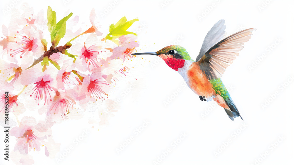 Naklejka premium Colorful hummingbird hovering near pink cherry blossoms, showcasing vibrant watercolor art. delicate flowers and bird create serene and joyful