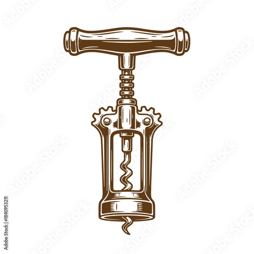 Vintage sketch illustration of a detailed corkscrew for wine bottle opening