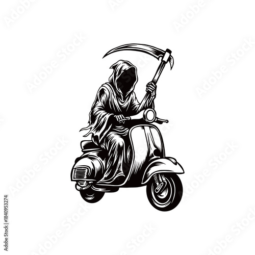 Skull with a scythe riding a scooter. Original vector illustration. Print for t-shirts or postcards.