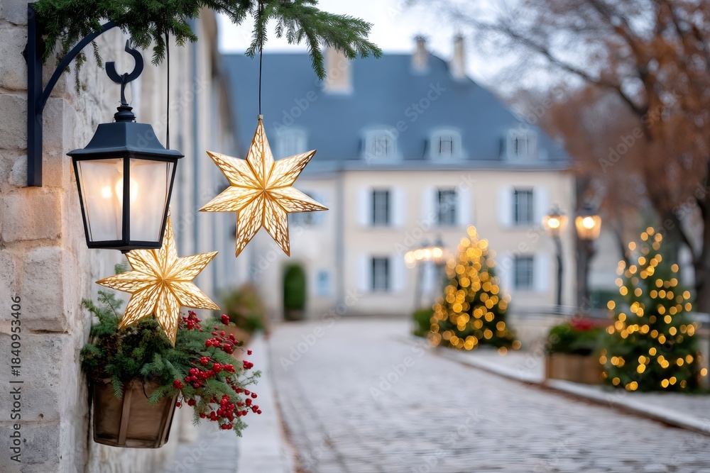 Fototapeta premium Christmas stars illuminating old street with festive decorations