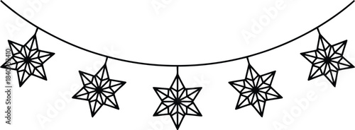 A hand drawn illustration of five geometric star shaped ornaments hanging on a curved line