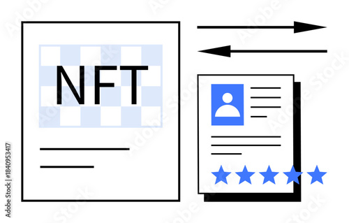 NFT document beside profile card with star ratings and arrows symbolizing data transfer in digital environments. Ideal for technology, blockchain, identity, trust, ratings, NFTs, credentials