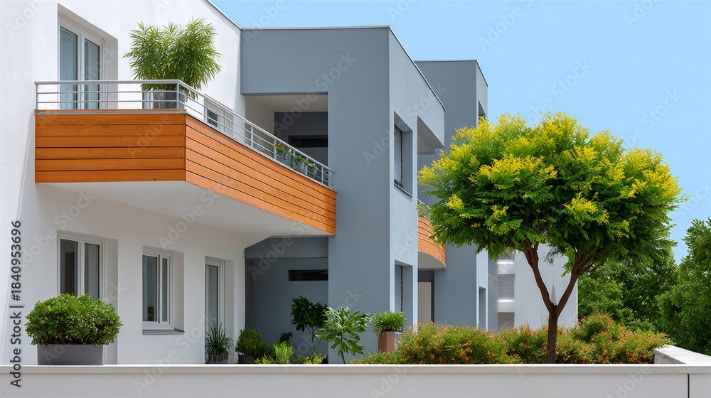 Obraz premium Modern apartment building exterior with balconies and trees