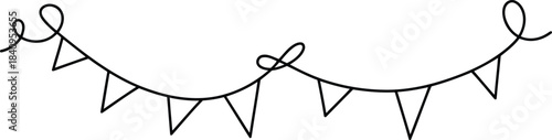 A playful black outline drawing of a pennant banner forms a decorative string on white