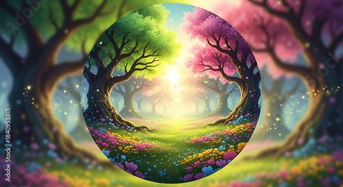 A vibrant, colorful illustration showcases a sunlit clearing, surrounded by towering trees and a multitude of blooming flowers, exuding a sense of peace and tranquility.