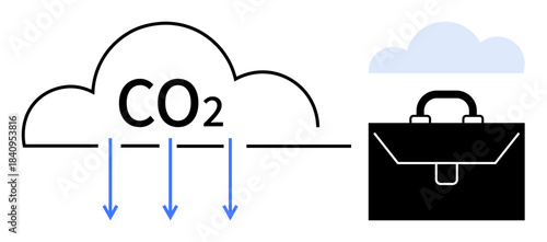 Carbon footprint, environmental policies, sustainable business, decarbonization strategy, climate change, eco-friendly practices. CO2 cloud with briefcase and arrows. Carbon footprint