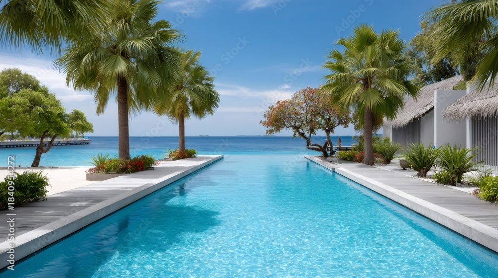 Fototapeta premium Luxury resort infinity pool facing ocean in Maldives