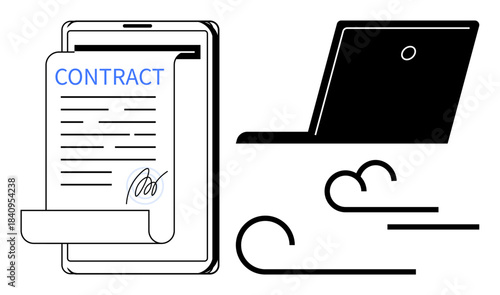 E-signature, remote work, digital contracts, paperless workflow, online documentation, business technology. Smartphone with contract and signature beside a laptop. E-signature and paperless workflow