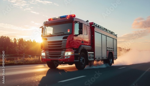 A large red fire truck rushes down a highway with flashing emergency lights during a dramatic, warm golden hour sunset.