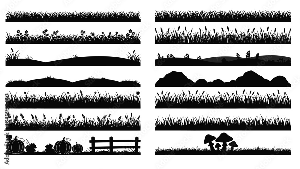 Obraz premium Collection of black silhouette borders with grass fields, hills, pumpkins, and mushrooms