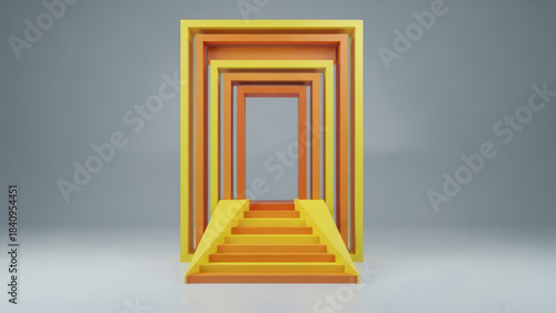 Fototapeta Naklejka Na Ścianę i Meble -  celebration podium stage, 3d illustration of multiple orange and yellow rectangular frames forming a tunnel leading to a doorway