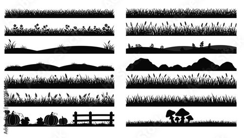 Collection of black silhouette borders with grass fields, hills, pumpkins, and mushrooms