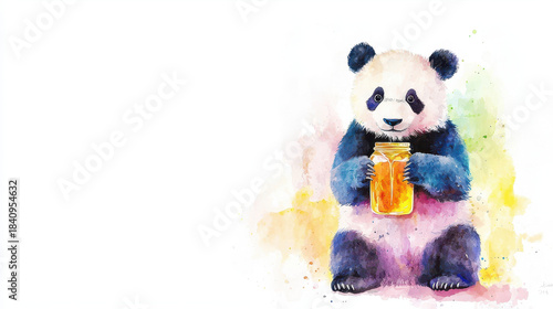 Wallpaper Mural Cute panda holding jar of honey, surrounded by colorful watercolor splashes, evokes joyful and playful atmosphere Torontodigital.ca