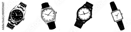 Set Black and White Silhouette watch vector for timekeeping and accessory concepts. Symbolizes schedule, punctuality, and clean graphic representation.