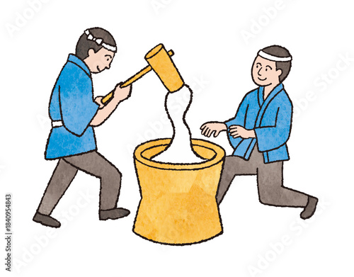 正月の伝統行事・餅つきをする人々のイラスト