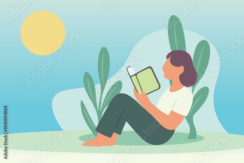 Flat vector illustration of a woman relaxing outside while Woman reading a book under the sun, surrounded by plants and nature.
