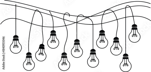 An irregular wavy string of multiple outline light bulbs hanging on an uneven line