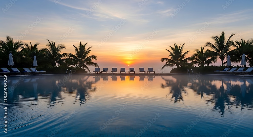 Obraz premium Tranquil poolside sunrise scene reflects peaceful morning light.