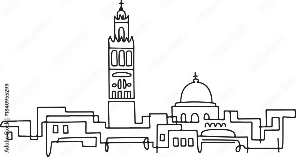 Obraz premium Continuous Line Tunis Skyline with Ancient Medina Rooftops Minimal Artistic Illustration