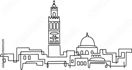 Continuous Line Tunis Skyline with Ancient Medina Rooftops Minimal Artistic Illustration